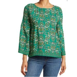 Max Studio Green White Floral Pleated Boho Peasant Blouse Long Sleeve Chic Top S